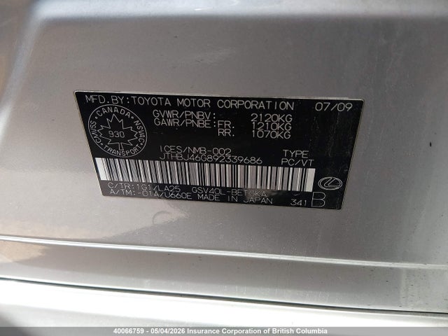 40066759 :رقم المزاد ، JTHBJ46G892339686 vin ، 2009 Lexus Es 350 350 مزاد بيع