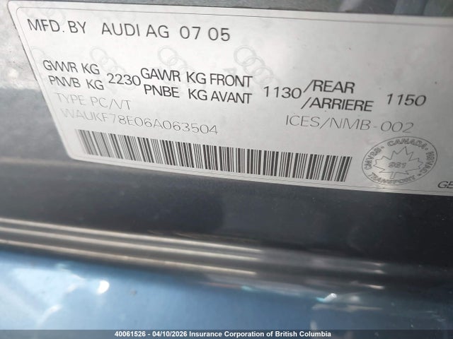 2006 Audi A4 2.0t Avant Quattro მანქანა იყიდება აუქციონზე, vin: WAUKF78E06A063504, აუქციონის ნომერი: 40061526