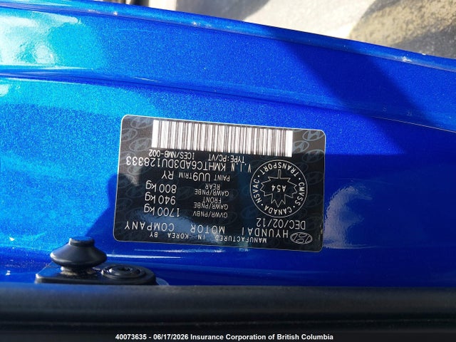 2013 Hyundai Veloster მანქანა იყიდება აუქციონზე, vin: KMHTC6AD3DU128333, აუქციონის ნომერი: 40073635