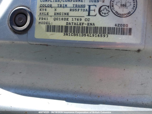 Aukcja sprzedaży 2004 Nissan Sentra 1.8/1.8s, vin: 3N1CB51D54L916593, numer aukcji: 40074328
