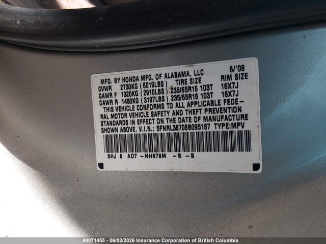 2008 Honda Odyssey Exl მანქანა იყიდება აუქციონზე, vin: 5FNRL38708B095187, აუქციონის ნომერი: 40071455