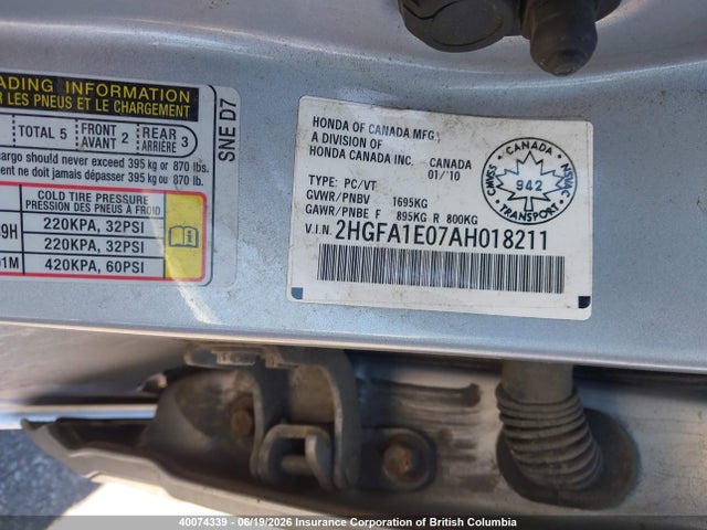 Продаж на аукціоні авто 2010 Honda Civic, vin: 2HGFA1E07AH018211, номер лоту: 40074339