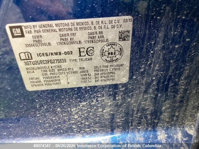 Продажа на аукционе авто 2015 Gmc Sierra 1500 Sle, vin: 3GTU2UEC3FG275839, номер лота: 40074347