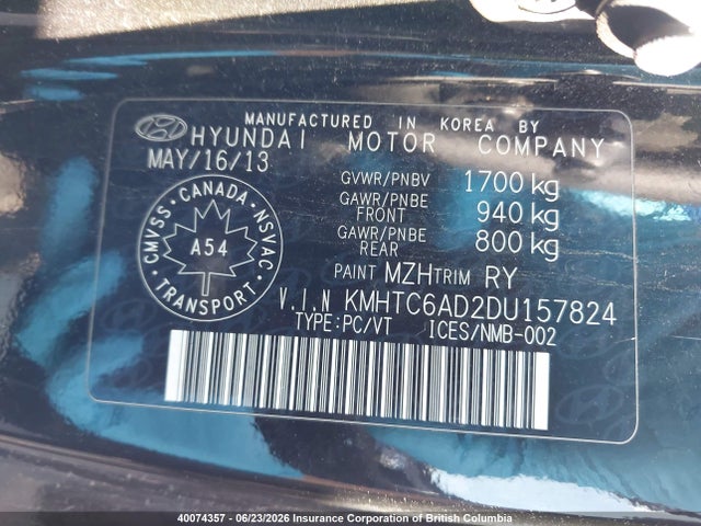 40074357 :رقم المزاد ، KMHTC6AD2DU157824 vin ، 2013 Hyundai Veloster مزاد بيع