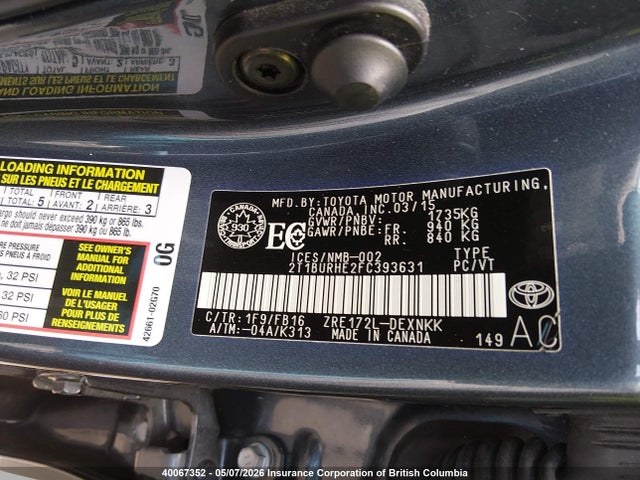 Aukcja sprzedaży 2015 Toyota Corolla L/le/le Pls/prm/s/s Pls, vin: 2T1BURHE2FC393631, numer aukcji: 40067352