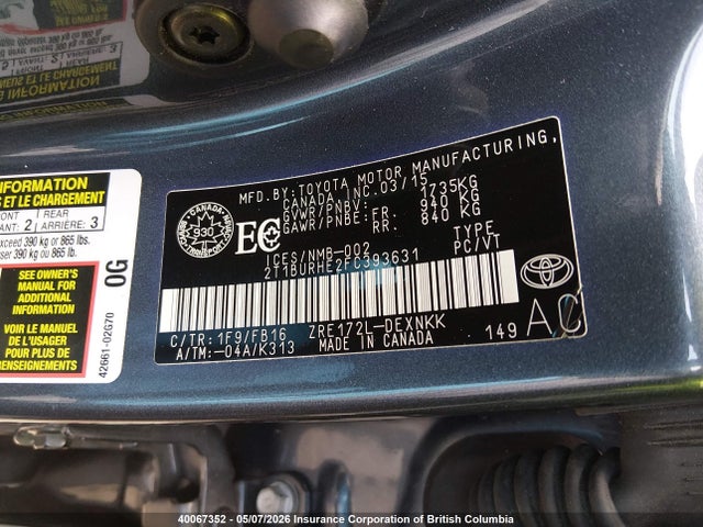 Aukcja sprzedaży 2015 Toyota Corolla L/le/le Pls/prm/s/s Pls, vin: 2T1BURHE2FC393631, numer aukcji: 40067352