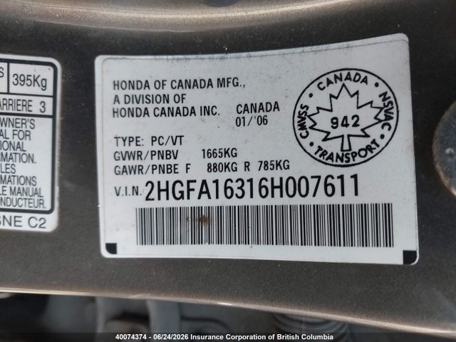 2006 Honda Civic მანქანა იყიდება აუქციონზე, vin: 2HGFA16316H007611, აუქციონის ნომერი: 40074374
