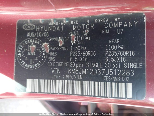 Aukcja sprzedaży 2007 Hyundai Tucson Gl V6, vin: KM8JM12D37U512283, numer aukcji: 40074376