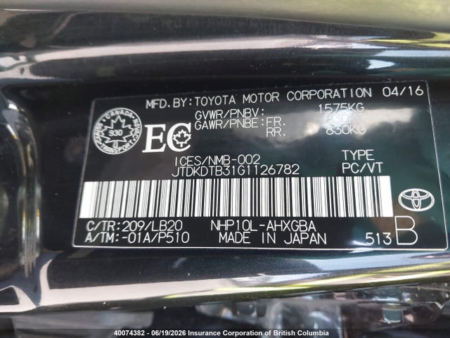 Aukcja sprzedaży 2016 Toyota Prius, vin: JTDKDTB31G1126782, numer aukcji: 40074382