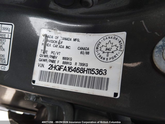2008 Honda Civic Dx-g მანქანა იყიდება აუქციონზე, vin: 2HGFA16468H115363, აუქციონის ნომერი: 40071256