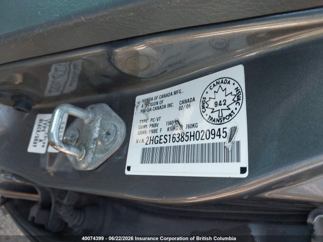 2005 Honda Civic მანქანა იყიდება აუქციონზე, vin: 2HGES16385H020945, აუქციონის ნომერი: 40074399