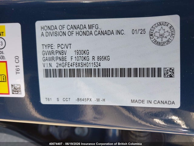 Honda Civic 2025 2HGFE4F8XSH011524 Image 9