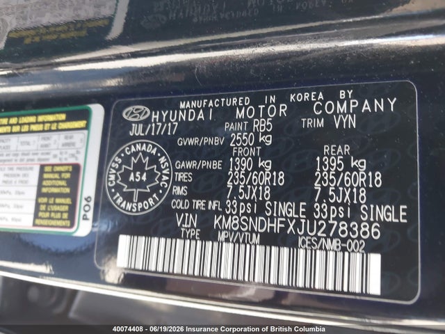 Продаж на аукціоні авто 2018 Hyundai Santa Fe Se/limited, vin: KM8SNDHFXJU278386, номер лоту: 40074408