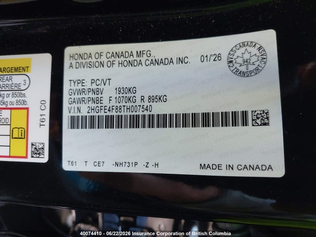 Honda Civic 2026 2HGFE4F88TH007540 Image 9