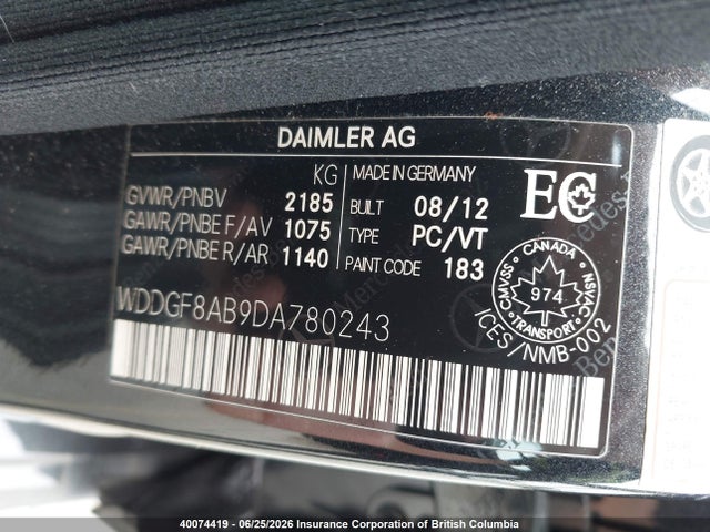 40074419 :رقم المزاد ، WDDGF8AB9DA780243 vin ، 2013 Mercedes-benz C 300 4matic مزاد بيع
