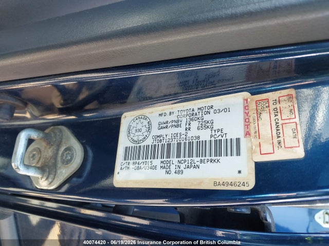 2001 Toyota Echo მანქანა იყიდება აუქციონზე, vin: JTDBT123710161038, აუქციონის ნომერი: 40074420