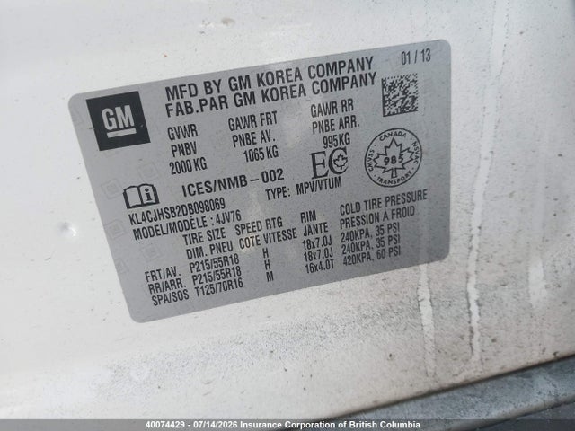 40074429 :رقم المزاد ، KL4CJHSB2DB098069 vin ، 2013 Buick Encore Premium مزاد بيع