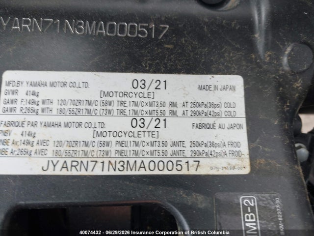 2021 Yamaha Mt09 მანქანა იყიდება აუქციონზე, vin: JYARN71N3MA000517, აუქციონის ნომერი: 40074432