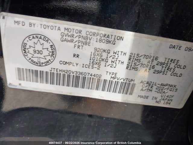 40074437 :رقم المزاد ، JTEHH20V336074402 vin ، 2003 Toyota Rav4 مزاد بيع