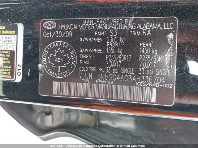 2010 Hyundai Santa Fe Gl 3.5 მანქანა იყიდება აუქციონზე, vin: 5NMSG4AG3AH336704, აუქციონის ნომერი: 40074441