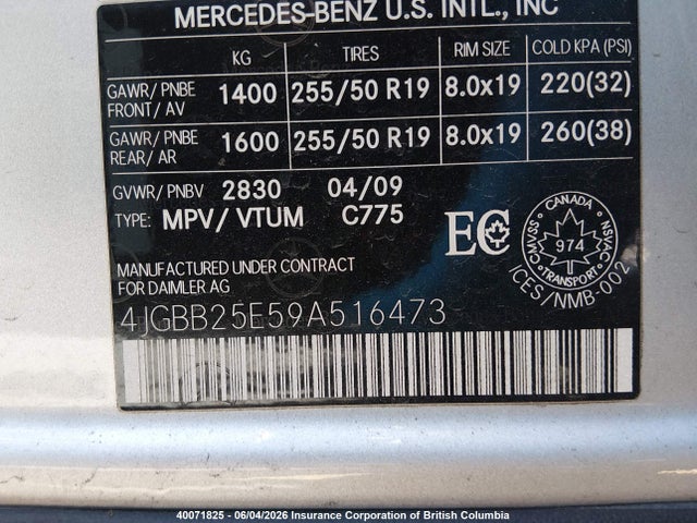 40071825 :رقم المزاد ، 4JGBB25E59A516473 vin ، 2009 Mercedes-benz Ml مزاد بيع