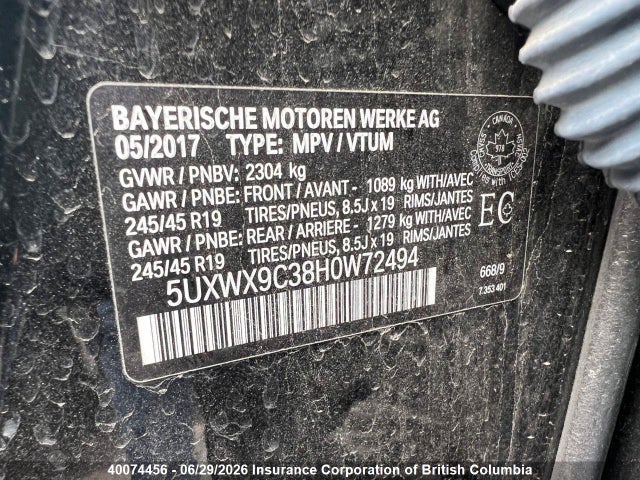 2017 Bmw X3 მანქანა იყიდება აუქციონზე, vin: 5UXWX9C38H0W72494, აუქციონის ნომერი: 40074456