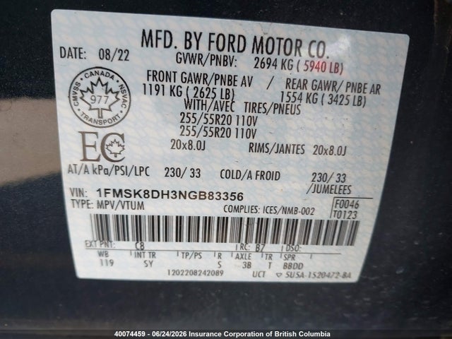 40074459 :رقم المزاد ، 1FMSK8DH3NGB83356 vin ، 2022 Ford Explorer Xlt مزاد بيع