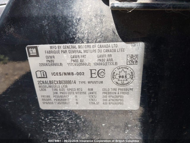 2011 Chevrolet Equinox Ls მანქანა იყიდება აუქციონზე, vin: 2CNALBECXB6388614, აუქციონის ნომერი: 40074461