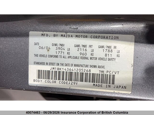 Aukcja sprzedaży 2004 Mazda Mazda3 Gs/gt, vin: JM1BK143641205268, numer aukcji: 40074463