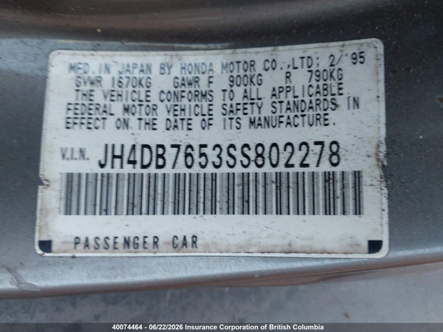 40074464 :رقم المزاد ، JH4DB7653SS802278 vin ، 1995 Acura Integra Ls مزاد بيع