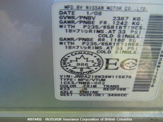 Aukcja sprzedaży 2009 Nissan Murano S/sl/le, vin: JN8AZ18W39W115876, numer aukcji: 40074492
