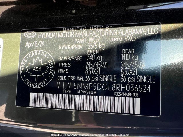 Aukcja sprzedaży 2024 Hyundai Santa Fe Calligraphy, vin: 5NMP5DGL8RH036524, numer aukcji: 40074494
