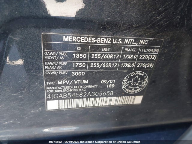 Продажа на аукционе авто 2002 Mercedes-benz Ml 320, vin: 4JGAB54E82A305658, номер лота: 40074502