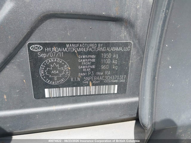2012 Hyundai Sonata Gls მანქანა იყიდება აუქციონზე, vin: 5NPEB4AC3CH370317, აუქციონის ნომერი: 40074522
