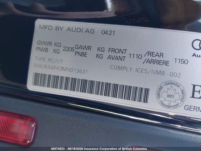 Aukcja sprzedaży 2021 Audi A4, vin: WAUFAAF43MN013631, numer aukcji: 40074523