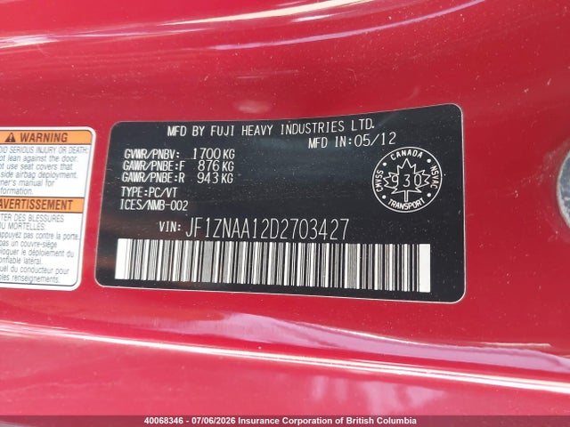 40068346 :رقم المزاد ، JF1ZNAA12D2703427 vin ، 2013 Toyota Scion Fr-s مزاد بيع
