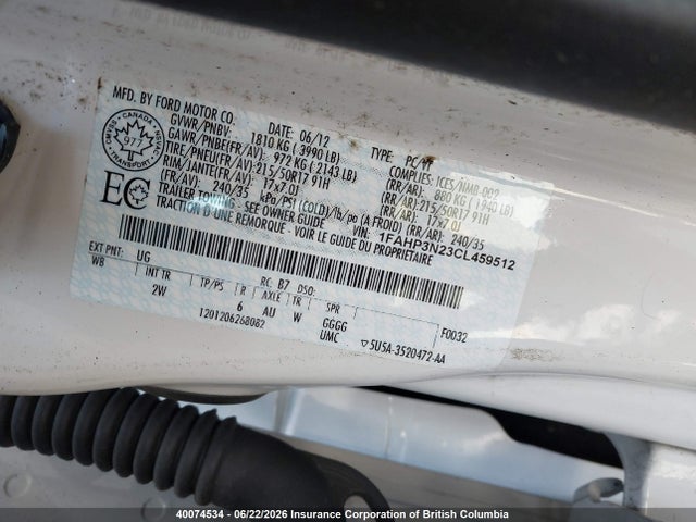40074534 :رقم المزاد ، 1FAHP3N23CL459512 vin ، 2012 Ford Focus مزاد بيع