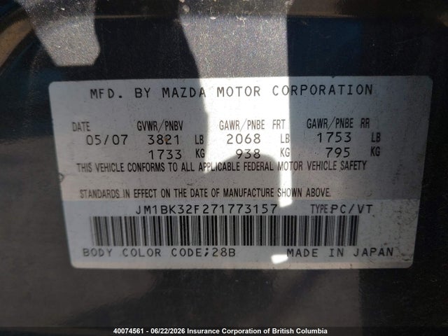 Aukcja sprzedaży 2007 Mazda 3 I, vin: JM1BK32F271773157, numer aukcji: 40074561