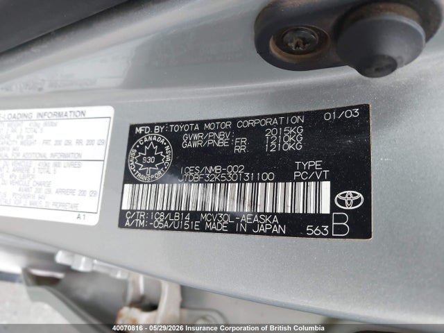 40070816 :رقم المزاد ، JTDBF32K530131100 vin ، 2003 Toyota Camry Le/xle مزاد بيع