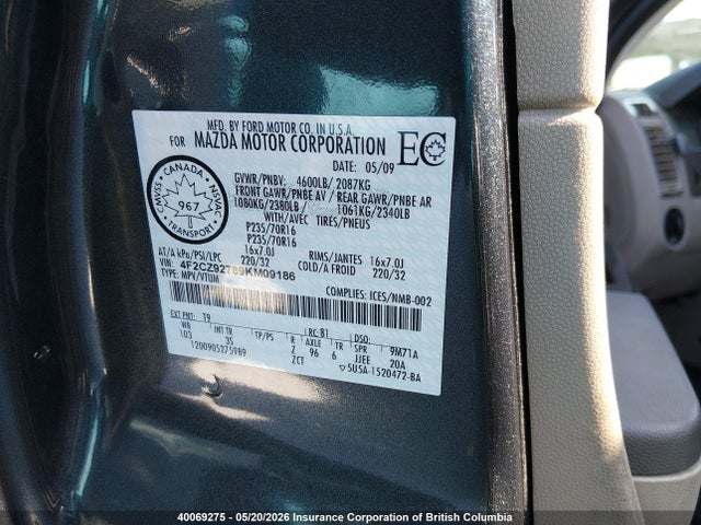 Продаж на аукціоні авто 2009 Mazda Tribute I, vin: 4F2CZ92789KM09186, номер лоту: 40069275