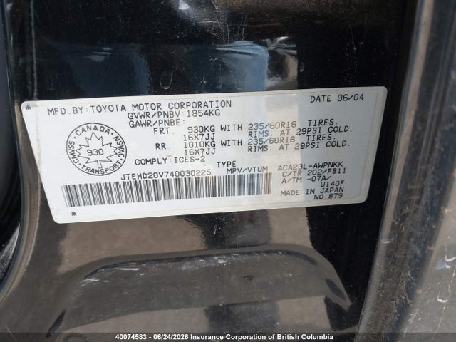 Aukcja sprzedaży 2004 Toyota Rav4, vin: JTEHD20V740030225, numer aukcji: 40074583