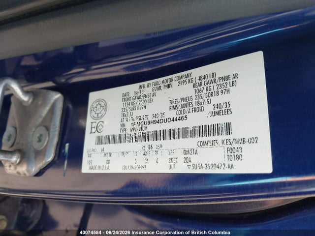 40074584 :رقم المزاد ، 1FMCU9H94DUD44465 vin ، 2013 Ford Escape Sel مزاد بيع