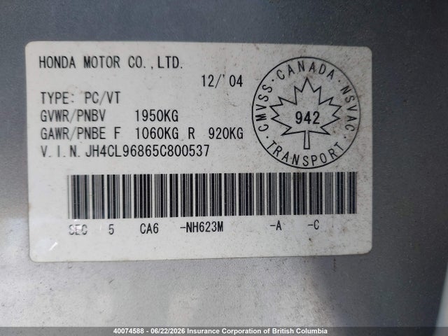 Продаж на аукціоні авто 2005 Acura Tsx, vin: JH4CL96865C800537, номер лоту: 40074588