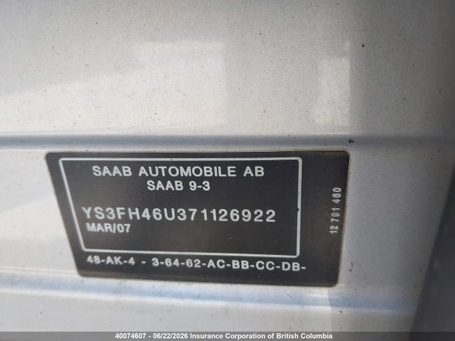 Продаж на аукціоні авто 2007 Saab 9-3 Aero, vin: YS3FH46U371126922, номер лоту: 40074607
