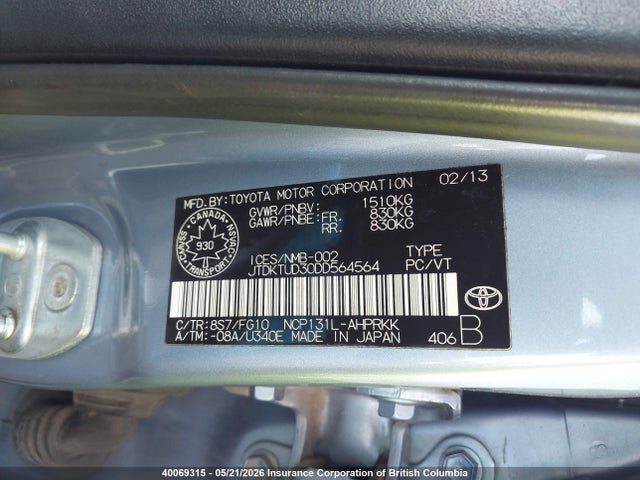 40069315 :رقم المزاد ، JTDKTUD30DD564564 vin ، 2013 Toyota Yaris مزاد بيع