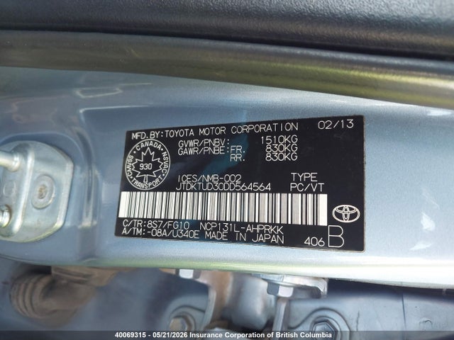 40069315 :رقم المزاد ، JTDKTUD30DD564564 vin ، 2013 Toyota Yaris مزاد بيع