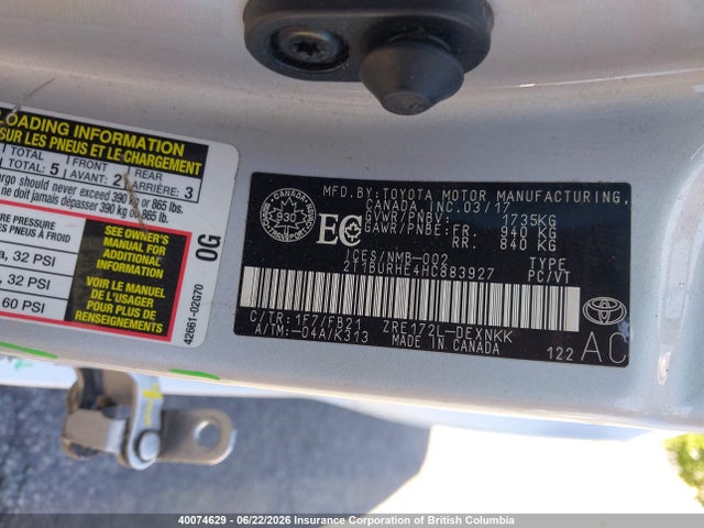 2T1BURHE4HC883927 Toyota COROLLA LE