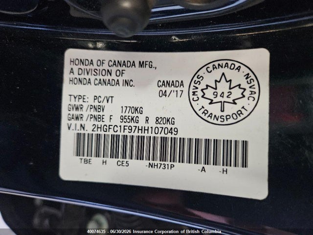Auction sale of the 2017 Honda Civic, vin: 2HGFC1F97HH107049, lot number: 40074635