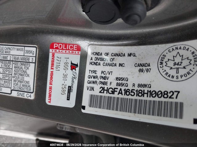 2008 Honda Civic მანქანა იყიდება აუქციონზე, vin: 2HGFA16518H100827, აუქციონის ნომერი: 40074638