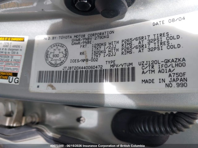 2004 Lexus Gx 470 მანქანა იყიდება აუქციონზე, vin: JTJBT20X440060472, აუქციონის ნომერი: 40073300